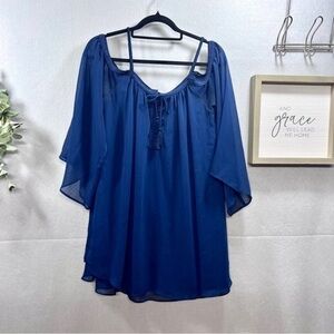 Double Zero Size Small Kimono Sleeve Short Swing Navy Blue Dress Off Shoulder